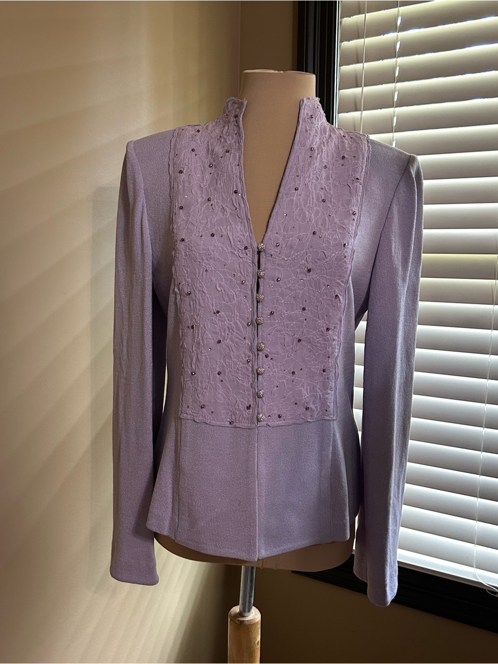 Lavender Floral Embellished Front-Button Women's Jacket Silver Detail